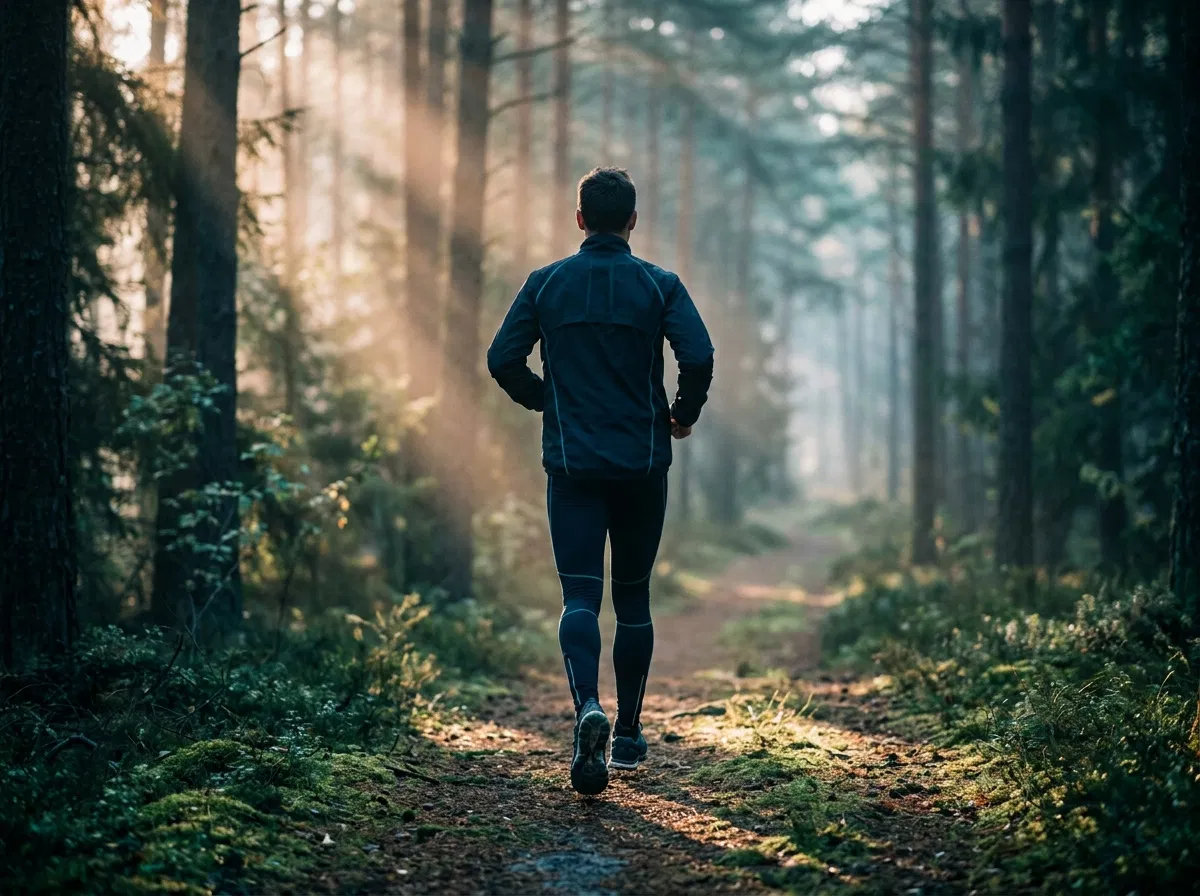 Anonym man joggar i svensk skog - daglig rutin för mäns hälsa och energi